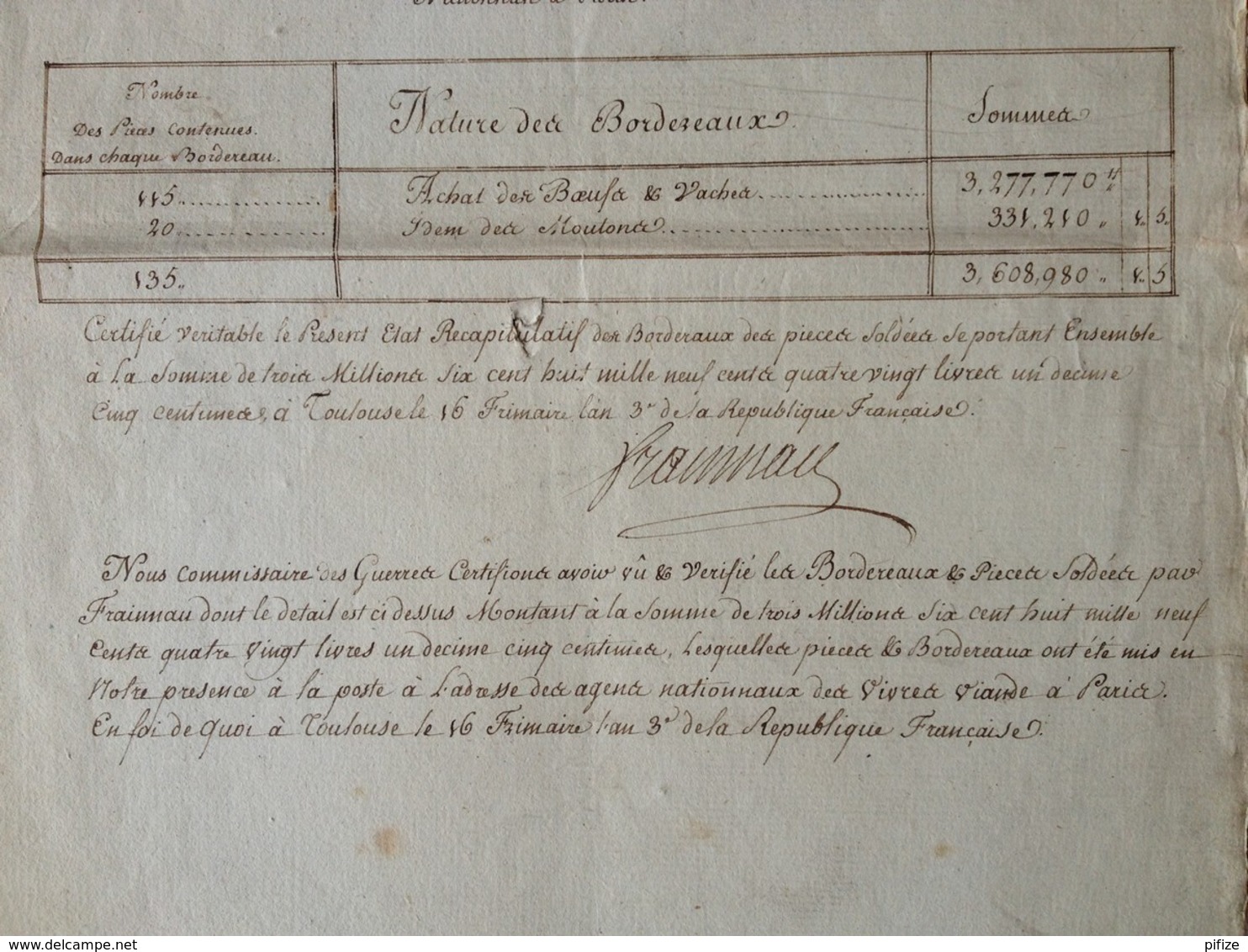 Armée Des Pyrénées 1794 . Comptabilité Centrale . Achats De Viande (boeuf Et Mouton) Pour 3,6 Millions De Livres . - Documenten