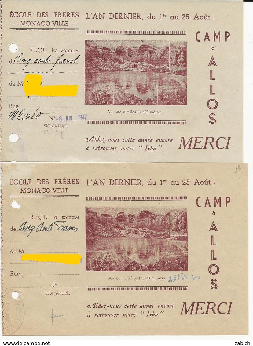 Vieux Papiers Monaco 1946 ET 1947 ECOLE DES FRERES DE MONACO-VILLE CAMPD'ALLOS - Pubblicitari