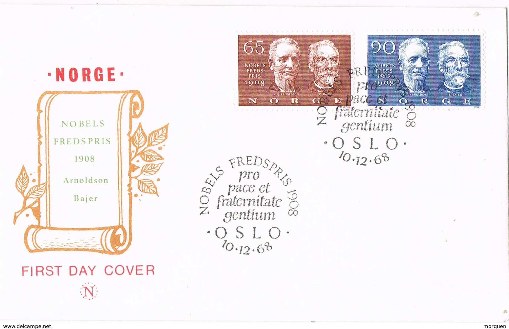 35505. Carta F.D.C. OSLO (Norge) Noruega 1968. NOBEL Fredspris, Premios Nobel Bajer And Arnoldson - FDC