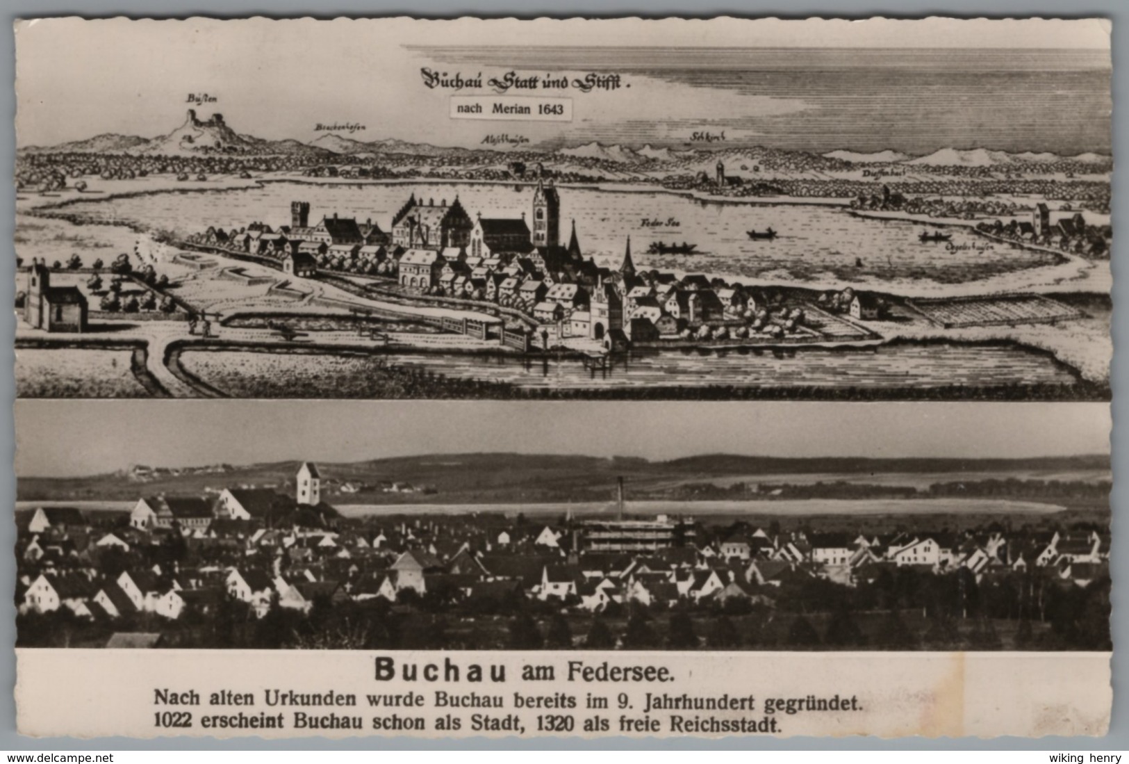 Bad Buchau - S/w Nach Merian 1643 Und Ortsansicht - Bad Buchau