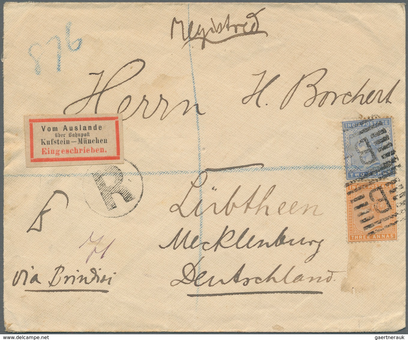 Aden: ADEN 1889: Registered Cover From Aden To Lübtheen, Mecklenburg, Germany Franked With India QV - Yemen