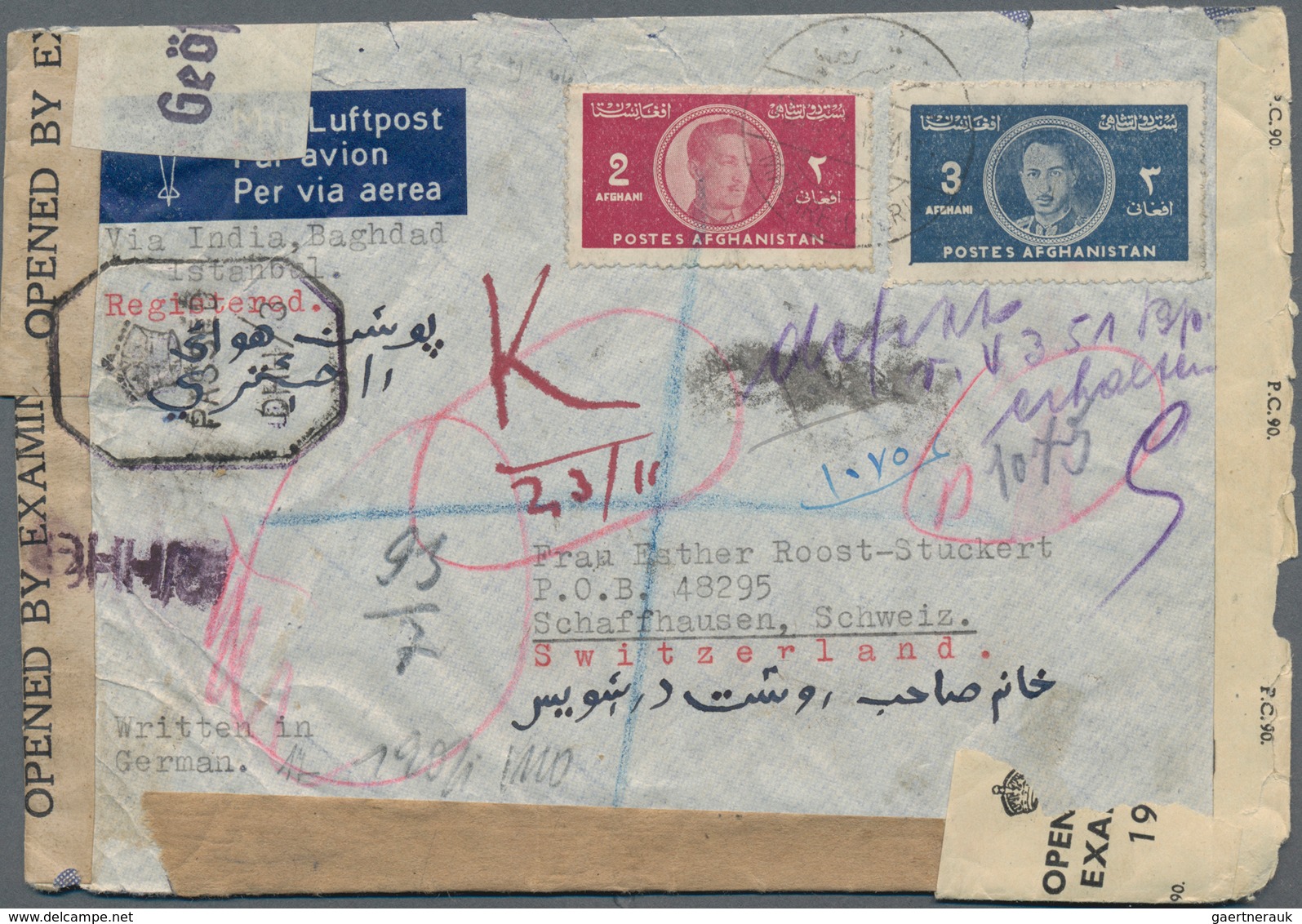 Afghanistan: 1943 Censored Airmail Cover From Mazare-Charif (Mazar-i-Sharif) To Schaffhausen, Switze - Afganistán