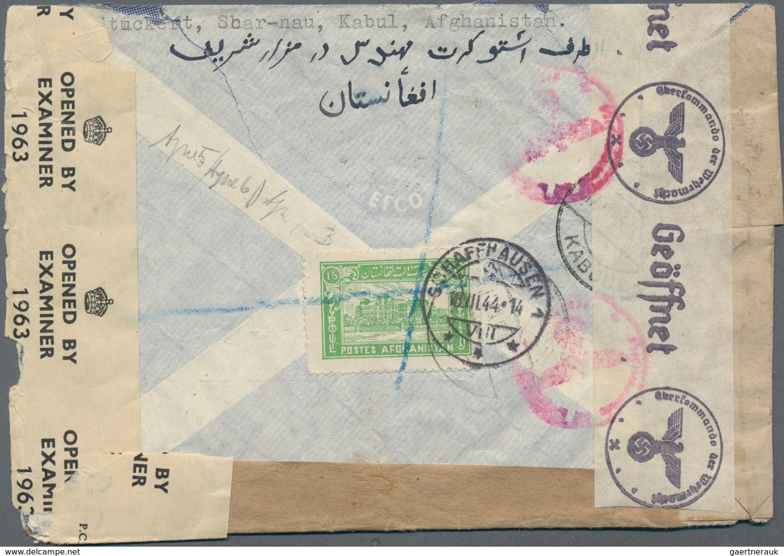 Afghanistan: 1943 Censored Airmail Cover From Mazare-Charif (Mazar-i-Sharif) To Schaffhausen, Switze - Afganistán