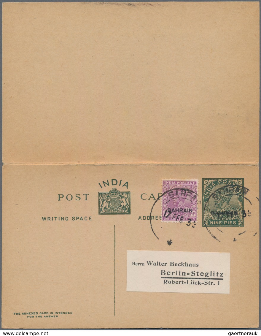 Bahrain: 1934 Postal Stationery Double Card KGV. 9+9p. Overprinted "BAHRAIN" Addressed To Berlin, Ge - Bahrein (1965-...)