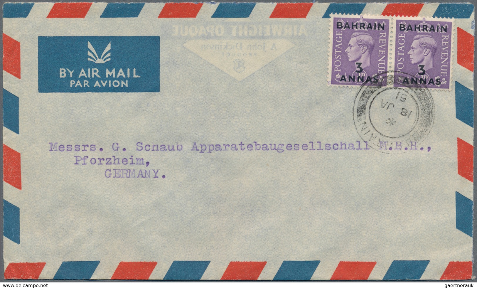 Bahrain: 1948/53, Four Airmail Covers To Pforzheim/Germany: KGV 3 ½ A. (4), 3 A./3d. (2), 6 A./6d. A - Bahrein (1965-...)