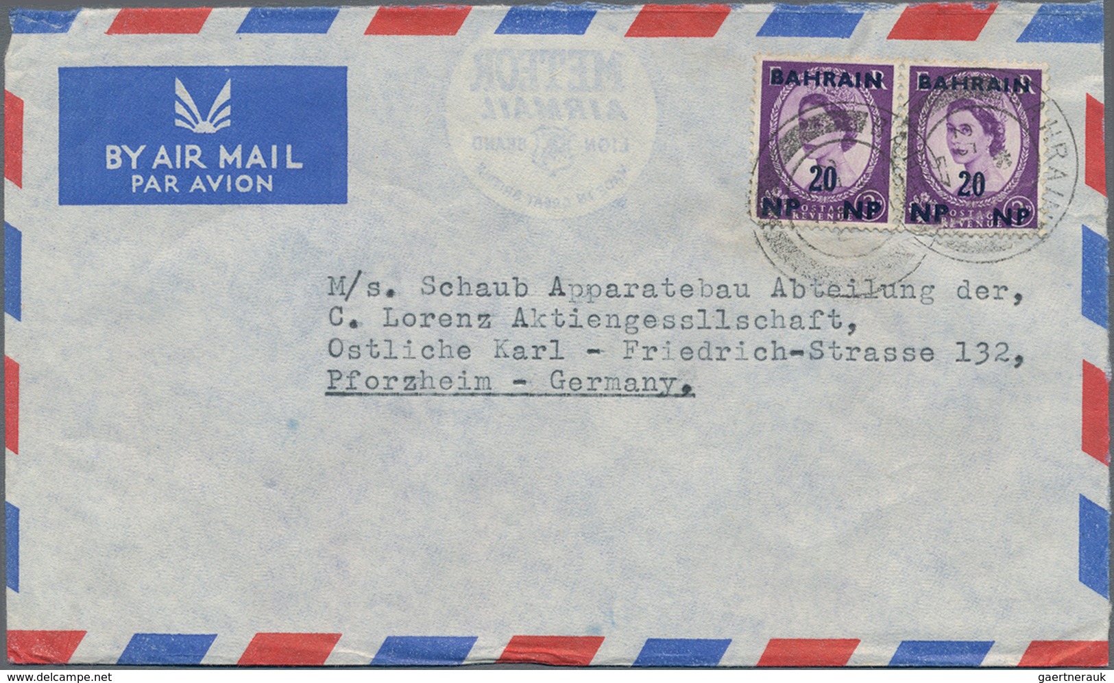 Bahrain: 1948/53, four airmail covers to Pforzheim/Germany: KGV 3 ½ A. (4), 3 A./3d. (2), 6 A./6d. a