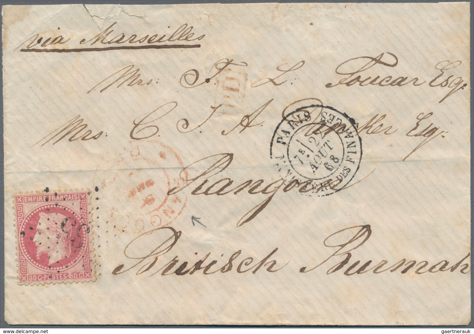 Birma / Burma / Myanmar: 1868 Cover From Paris To RANGOON Via Marseilles Franked By Napoleon 1868 80 - Myanmar (Birmanie 1948-...)