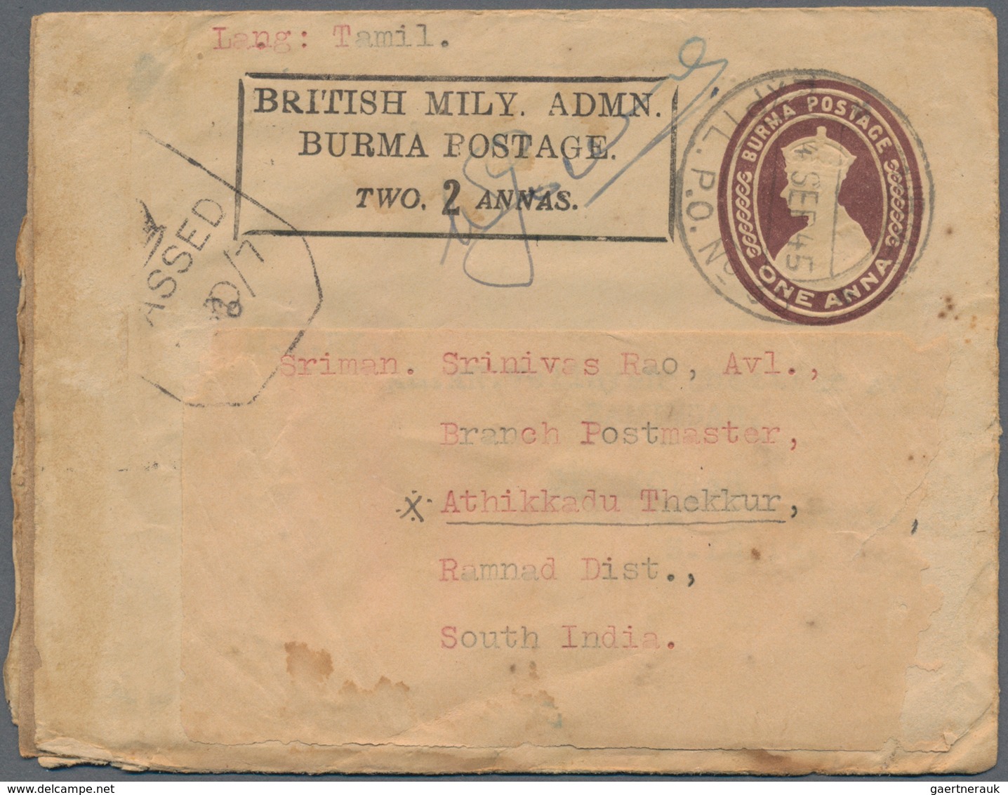 Birma / Burma / Myanmar: 1945 British Military Admin.: Three Postal Stationery Envelopes 1a., Two Wi - Myanmar (Burma 1948-...)