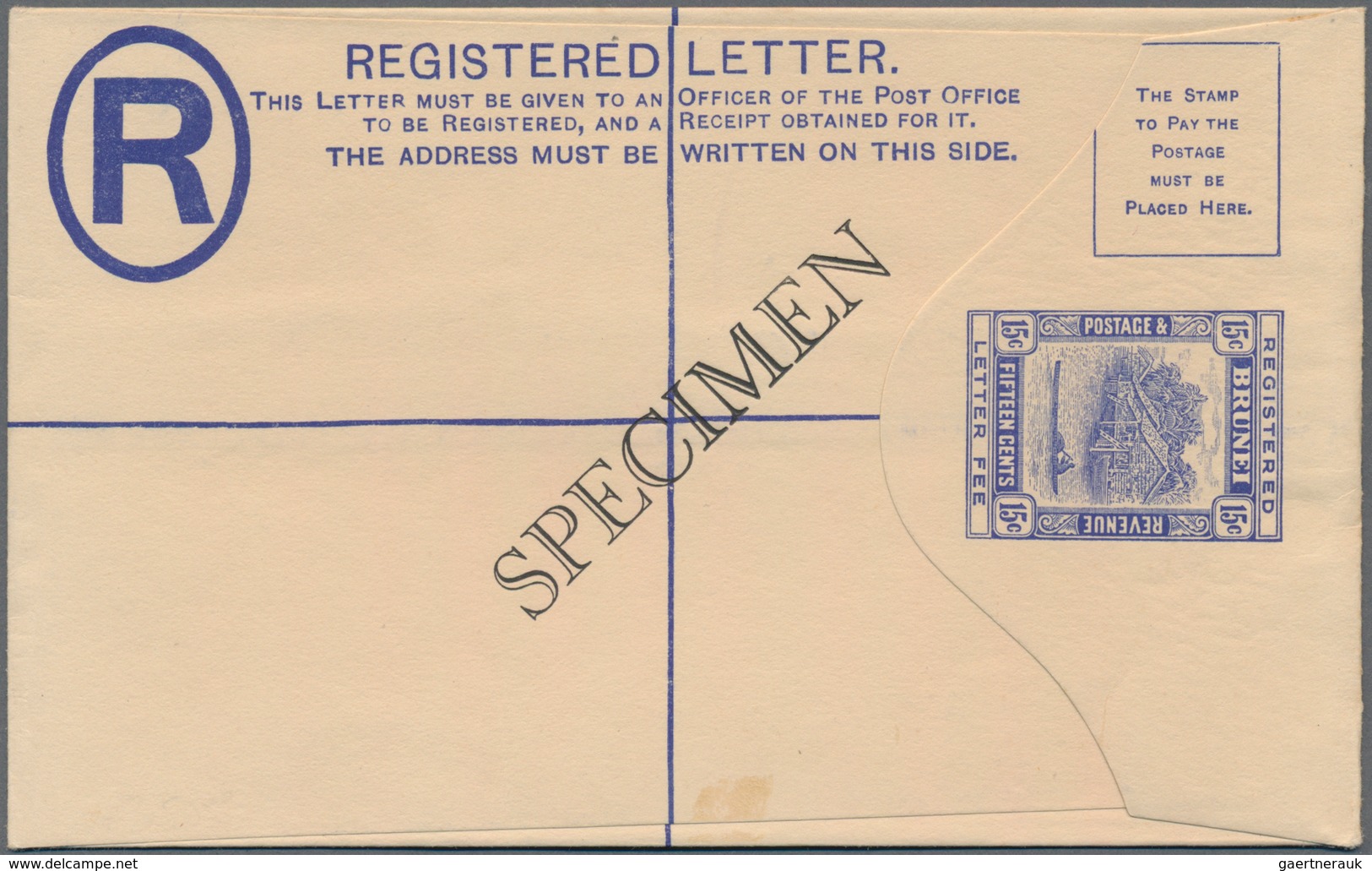 Brunei: 1935 Postal Stationery Registered Envelope 15c. Ultramarine (152x96 Mm), Surcharged "SPECIME - Brunei (1984-...)