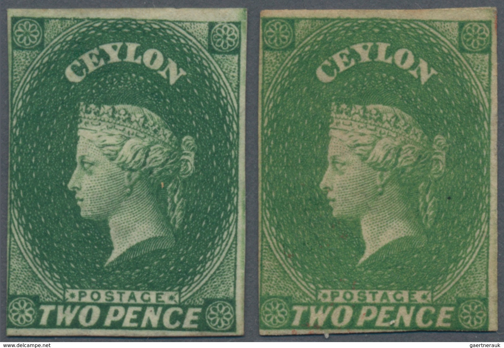 Ceylon / Sri Lanka: 1857 QV Singles 2d. Green Plus 2d. Yellow-green, Both Wmk Star, Imperf And Mint, - Sri Lanka (Ceylon) (1948-...)