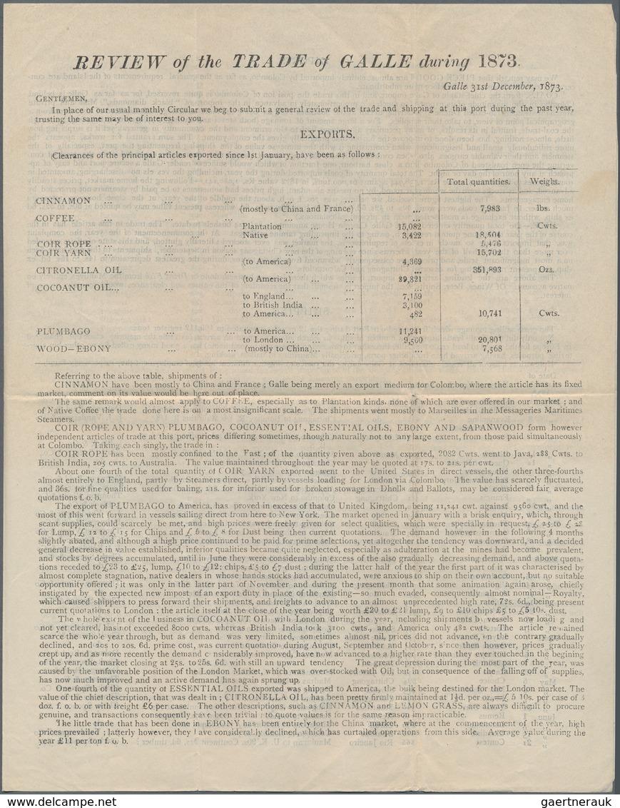 Ceylon / Sri Lanka: 1874 Printed Matter (Review Of The Trade Of Galle 1873) From Galle To New York, - Sri Lanka (Ceilán) (1948-...)