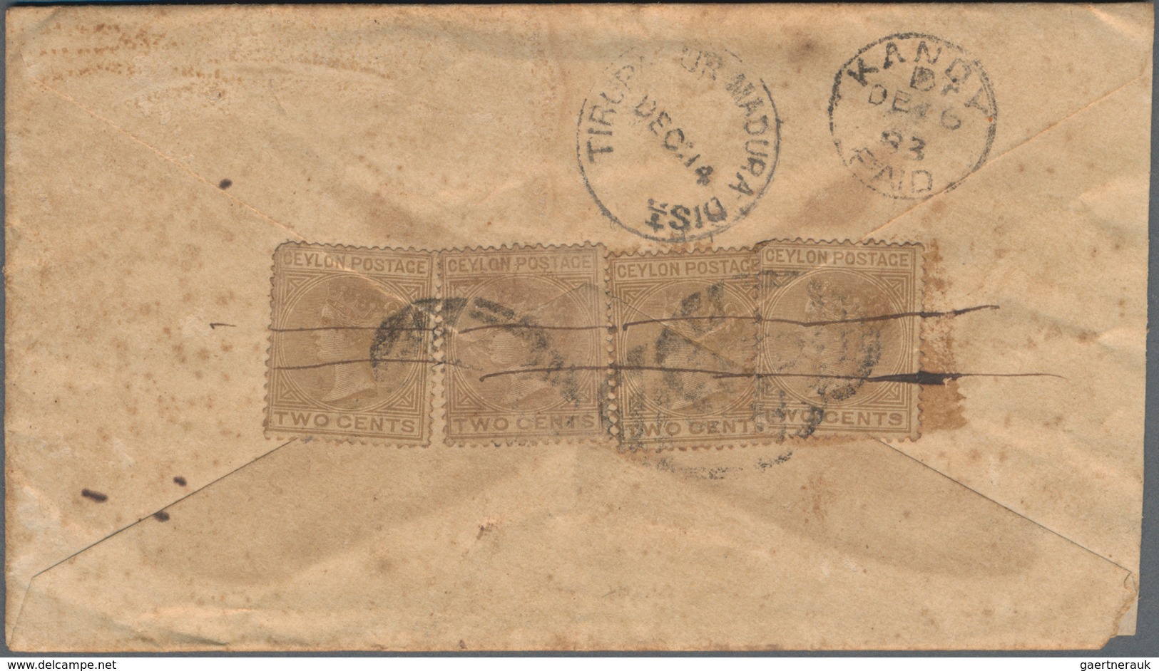 Ceylon / Sri Lanka: 1877 Postal Stationery Envelopes 4c. Grey-blue Used From RAMBODA To Madura, Indi - Sri Lanka (Ceilán) (1948-...)