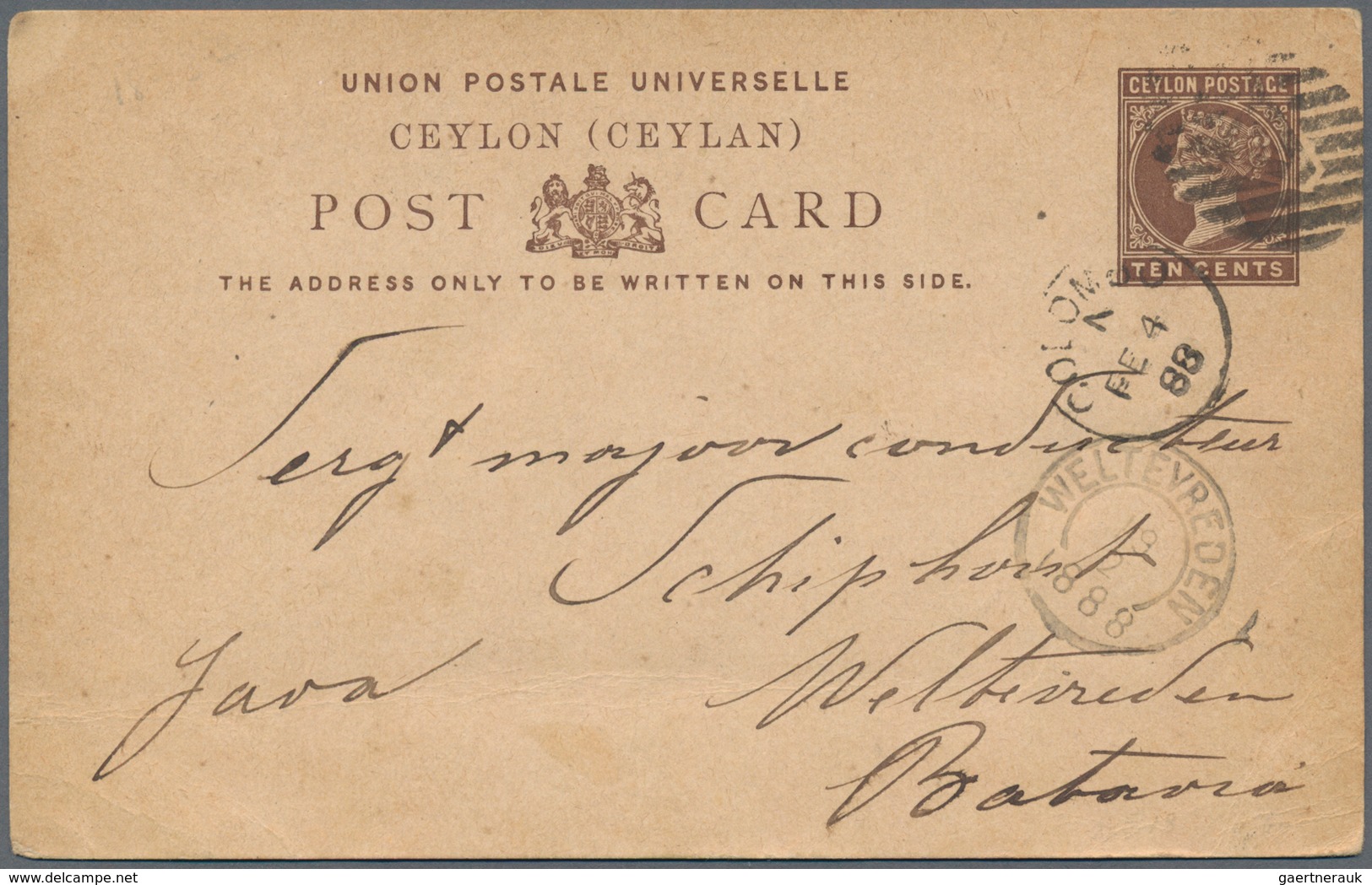 Ceylon / Sri Lanka: 1885 Postal Stationery Card 10c. Brown Used From Colombo To NETHERLANDS INDIES, - Sri Lanka (Ceylon) (1948-...)