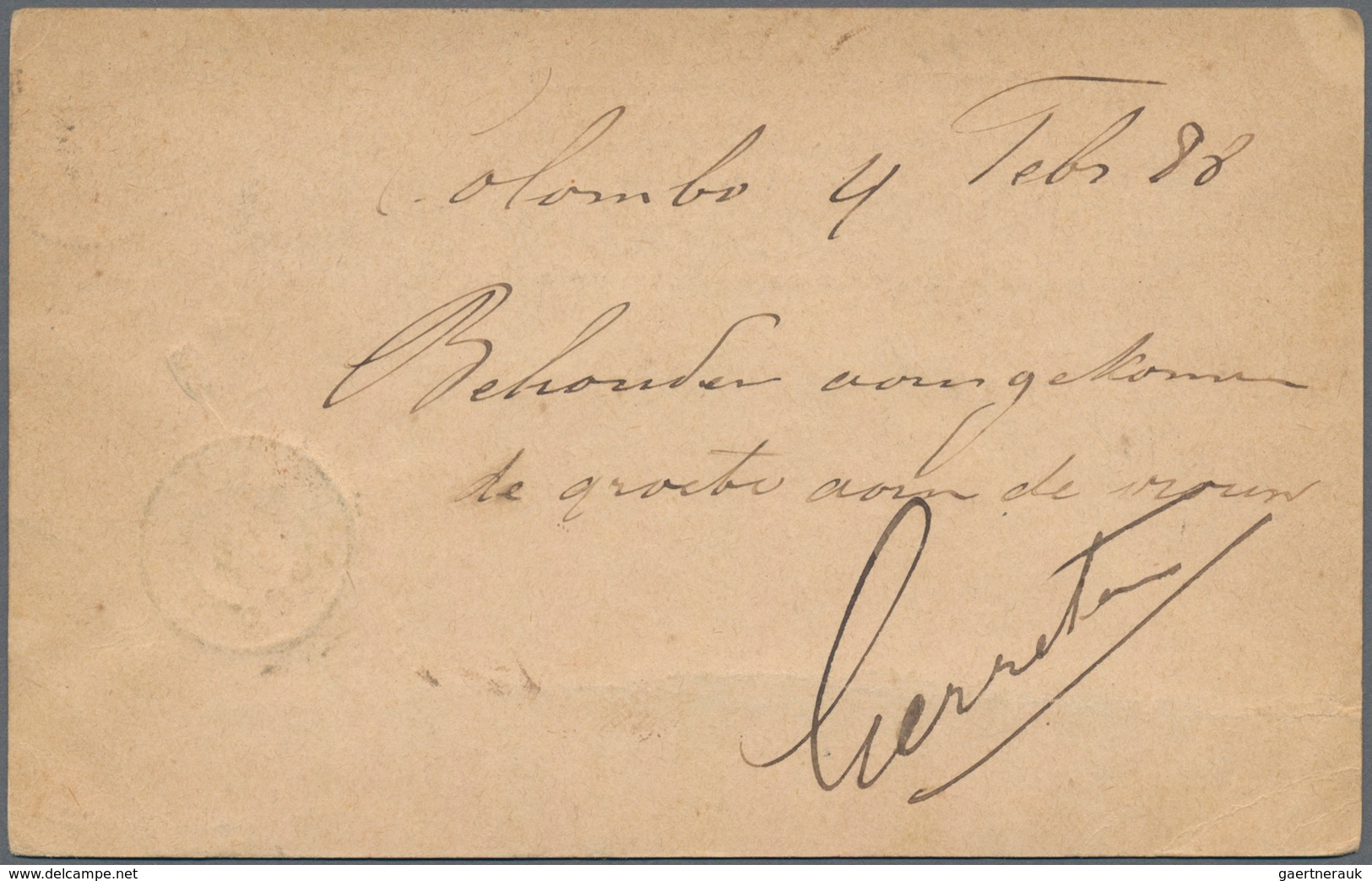 Ceylon / Sri Lanka: 1885 Postal Stationery Card 10c. Brown Used From Colombo To NETHERLANDS INDIES, - Sri Lanka (Ceylon) (1948-...)