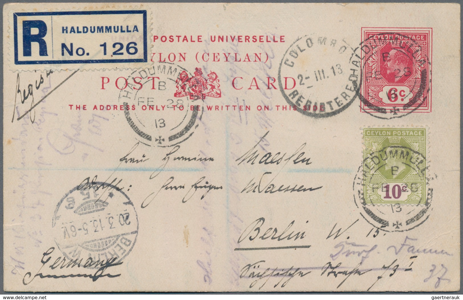 Ceylon / Sri Lanka: 1913, Stationery Card KEVII 6c. Red Uprated By 10c. Sage-green/maroon, Registere - Sri Lanka (Ceylon) (1948-...)