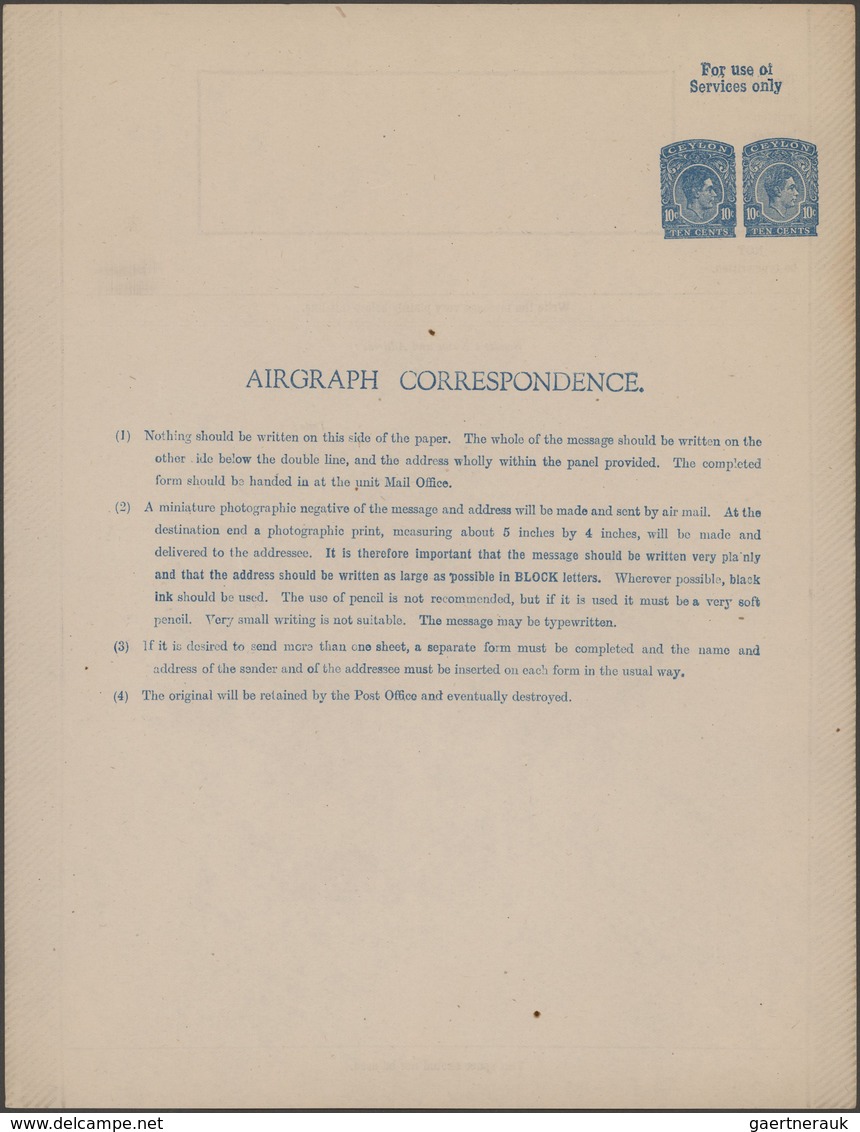 Ceylon / Sri Lanka: 1944 (ca.), Unused Postal Stationery Airgraph KGVI 10 Cents Blue On Cream With F - Sri Lanka (Ceylon) (1948-...)