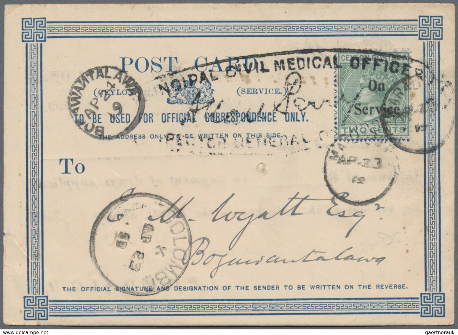 Ceylon - Dienstmarken: 1919 Printed Postcard Used Officially By The Principal Civil Medical Office I - Ceylon (...-1947)