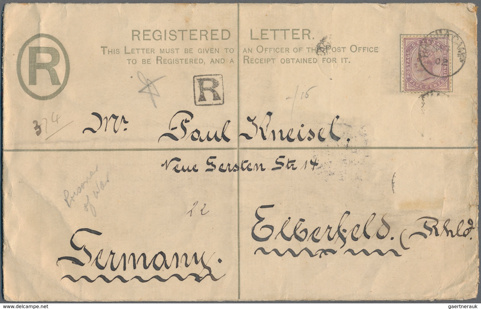 Ceylon - Ganzsachen: 1893 Postal Stationery Registered Envelope 10c. Pink, Format H (202 X 127 Mm), - Sonstige & Ohne Zuordnung