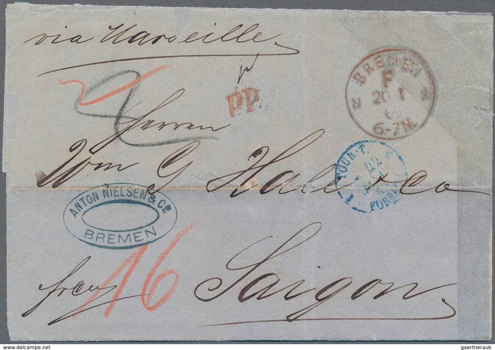 Französisch-Indochina: 1869, Incoming Mail: Folded Entire Letter (folds) With Red Cds "BREMEN F 20 1 - Covers & Documents