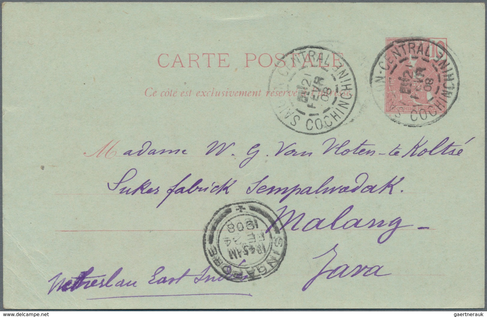 Französisch-Indochina: 1908, Stationer Card 10 C. Canc. "SAIGON CENTRALE 21 FEVR 08" To C/o Sugar Fa - Covers & Documents