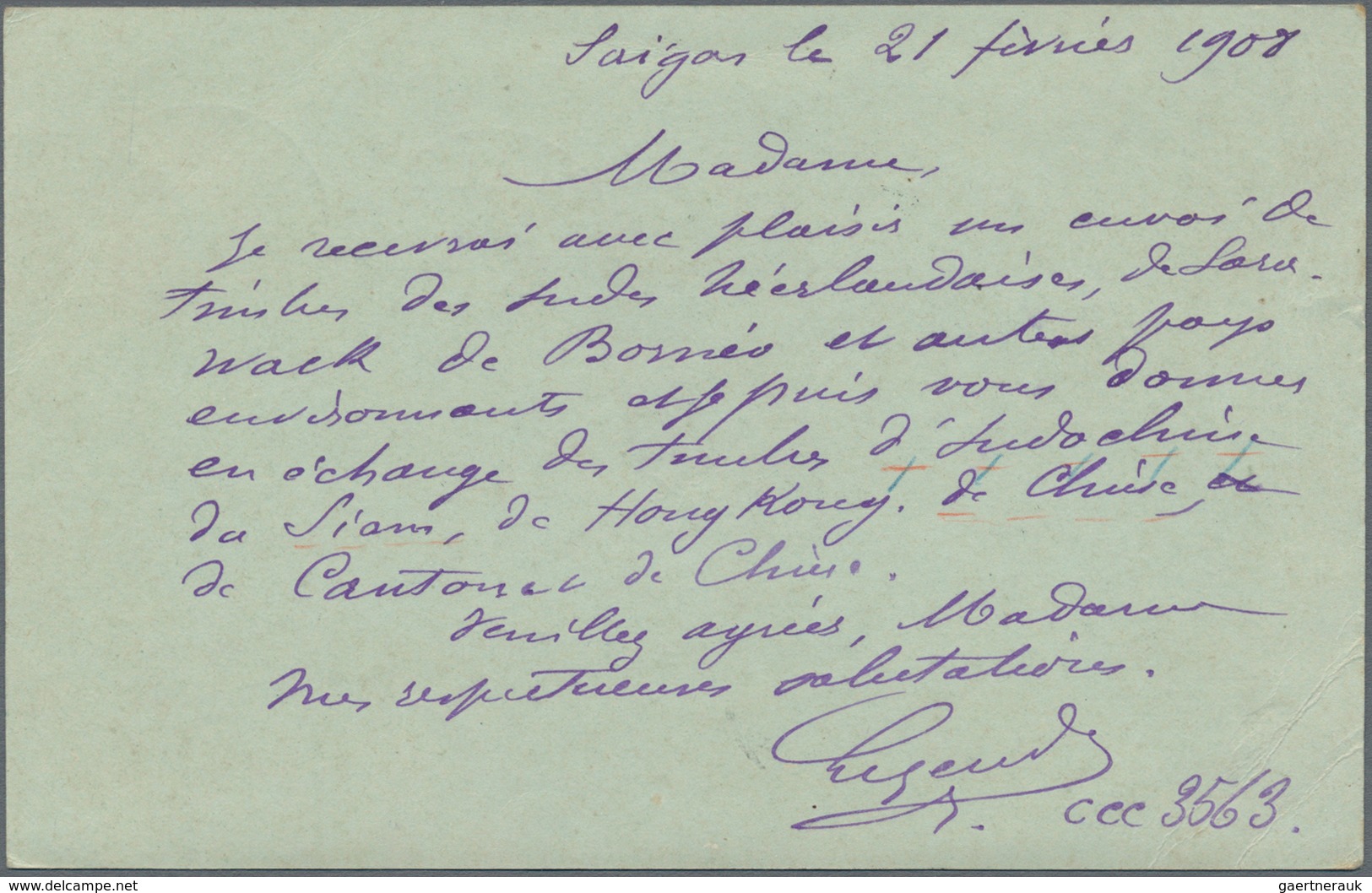 Französisch-Indochina: 1908, Stationer Card 10 C. Canc. "SAIGON CENTRALE 21 FEVR 08" To C/o Sugar Fa - Covers & Documents