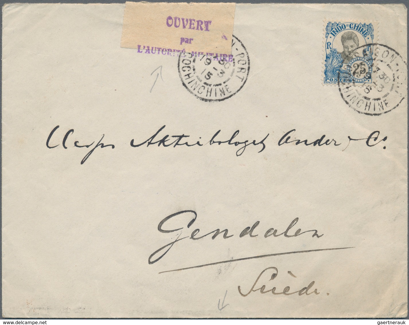 Französisch-Indochina: 1915, "OUVERT / Par / L'AUTORITE MILITAIRE", Three-line Violet Hs. Ties Blanc - Covers & Documents