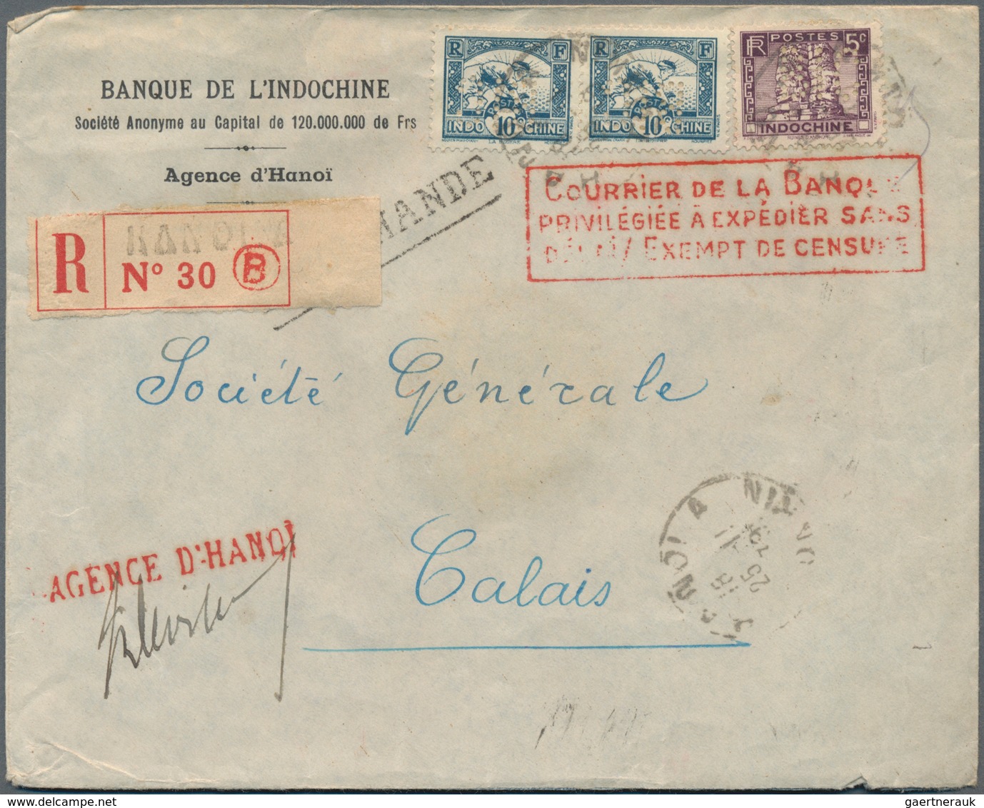 Französisch-Indochina: 1939, Two Commercial Registered Covers "BANQUE DE L'INDOCHINE" From "HANOI-TO - Covers & Documents