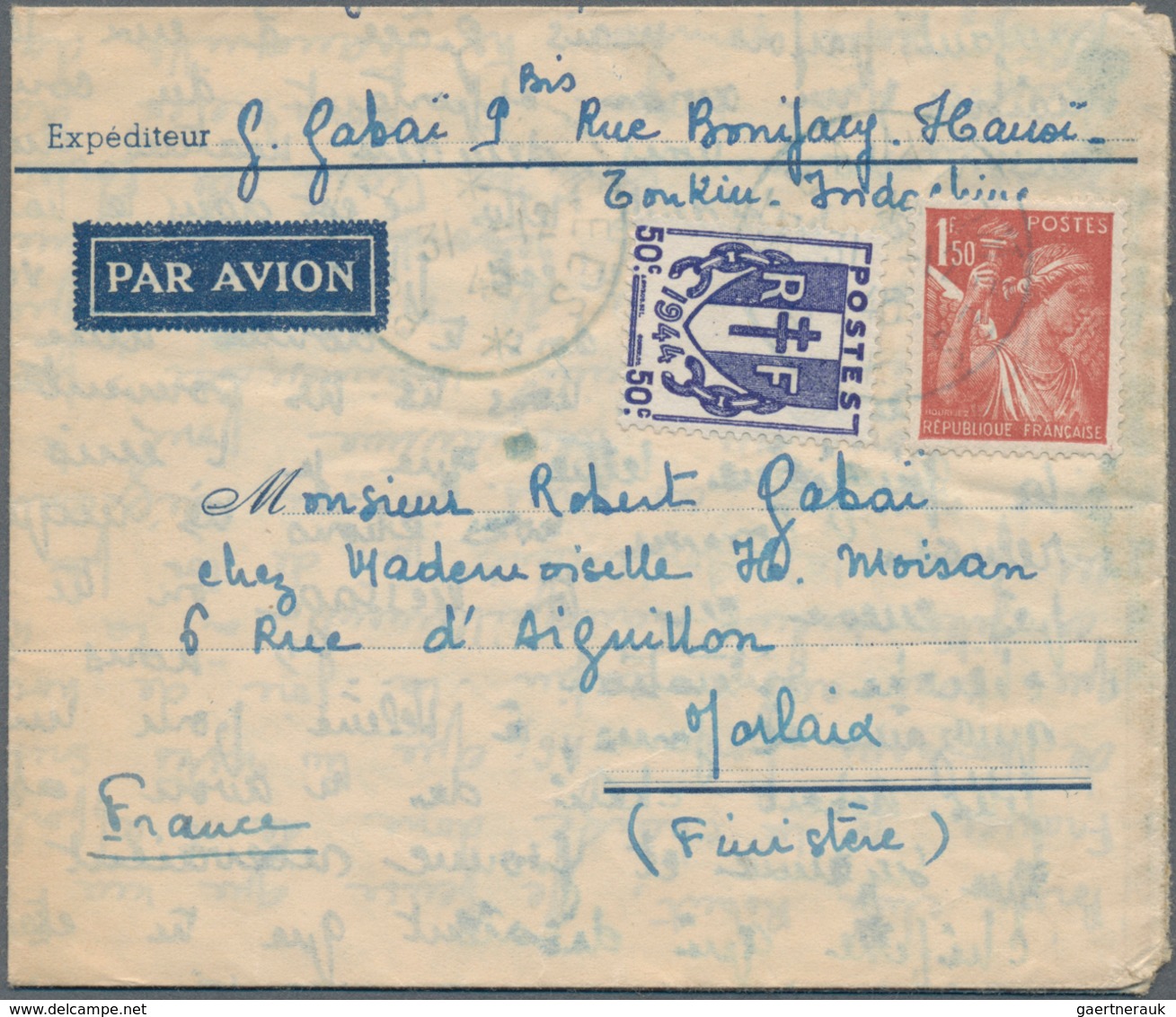 Französisch-Indochina: 1945, France, 50 C Blue-violet 'broken Chains' And 1,50 F Red-brown 'Iris', T - Briefe U. Dokumente