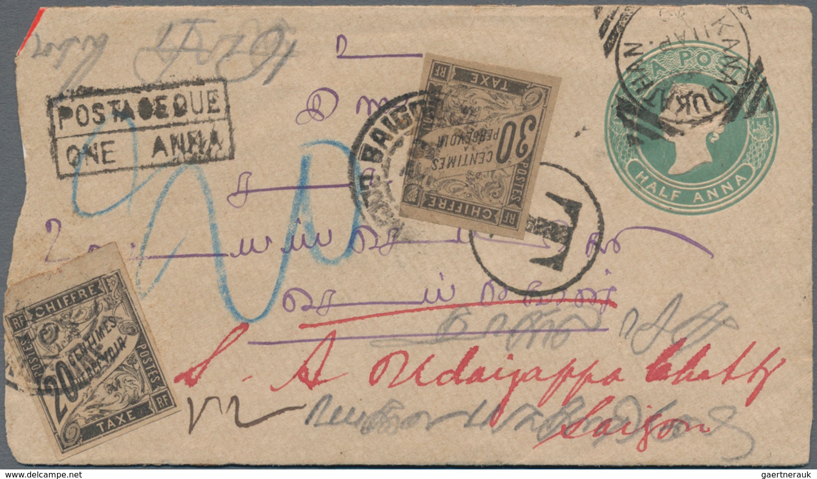 Französisch-Indochina - Portomarken: 1900 Two Indian Postal Stationery Envelopes ½a. Green Used From - Portomarken