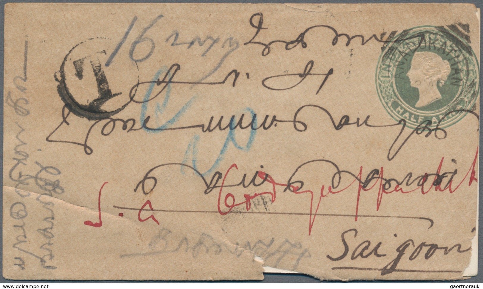 Französisch-Indochina - Portomarken: 1900 Two Indian Postal Stationery Envelopes ½a. Green Used From - Portomarken