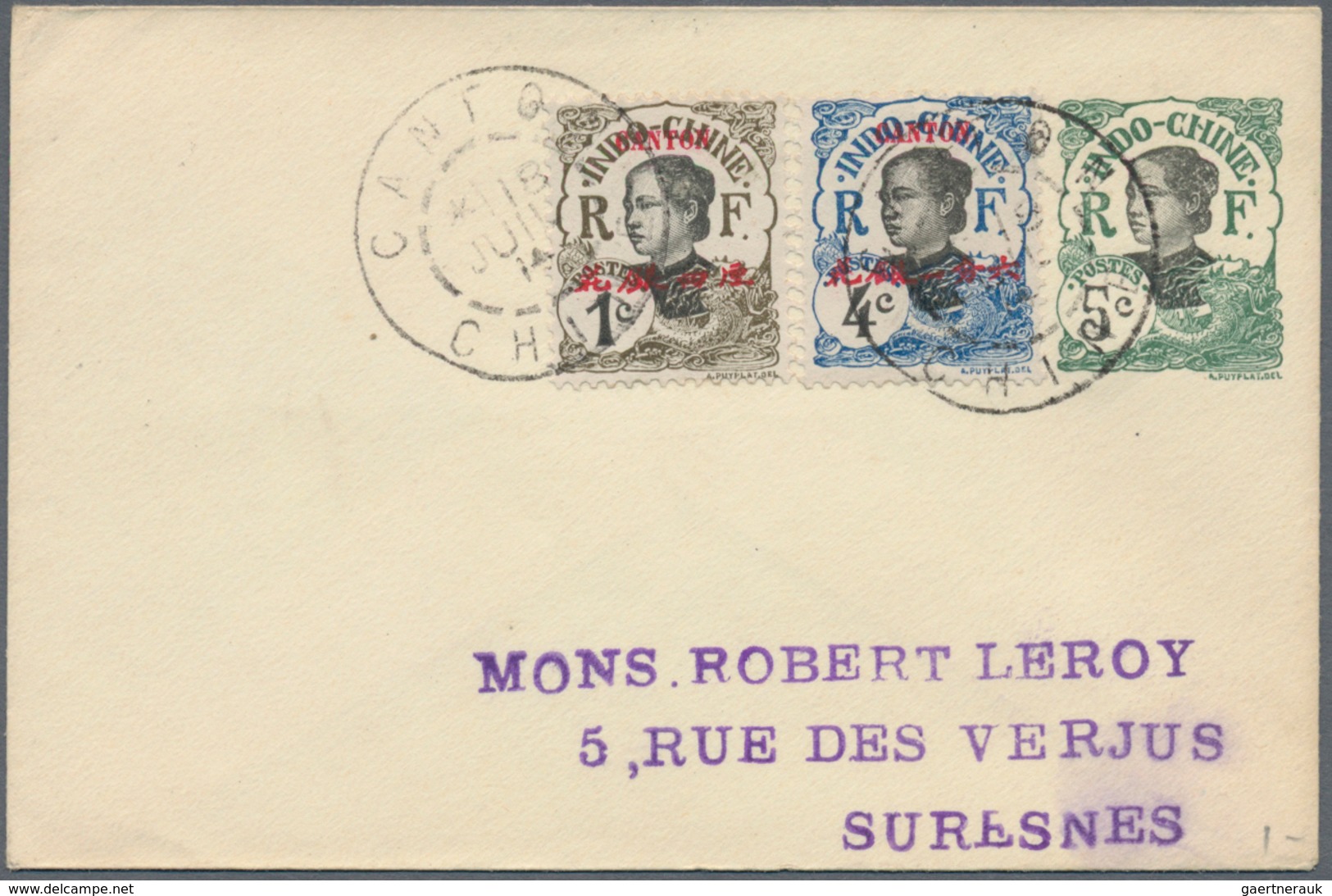 Französisch-Indochina - Postämter In Südchina: Canton, 1906, Indochina Envelope 5 C. Uprated 1 C., 4 - Other & Unclassified