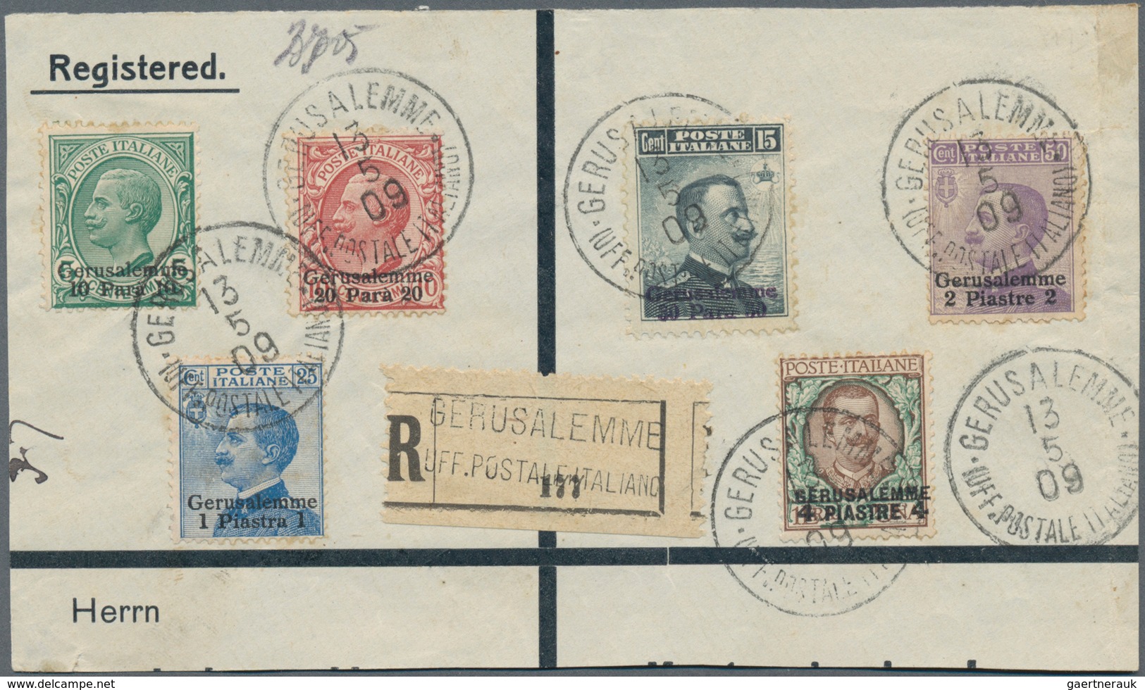 Holyland: 1908, Registered Part Of A Large Cover Bearing Short Set Of Six Values Tied By "GERUSALEMM - Palestine