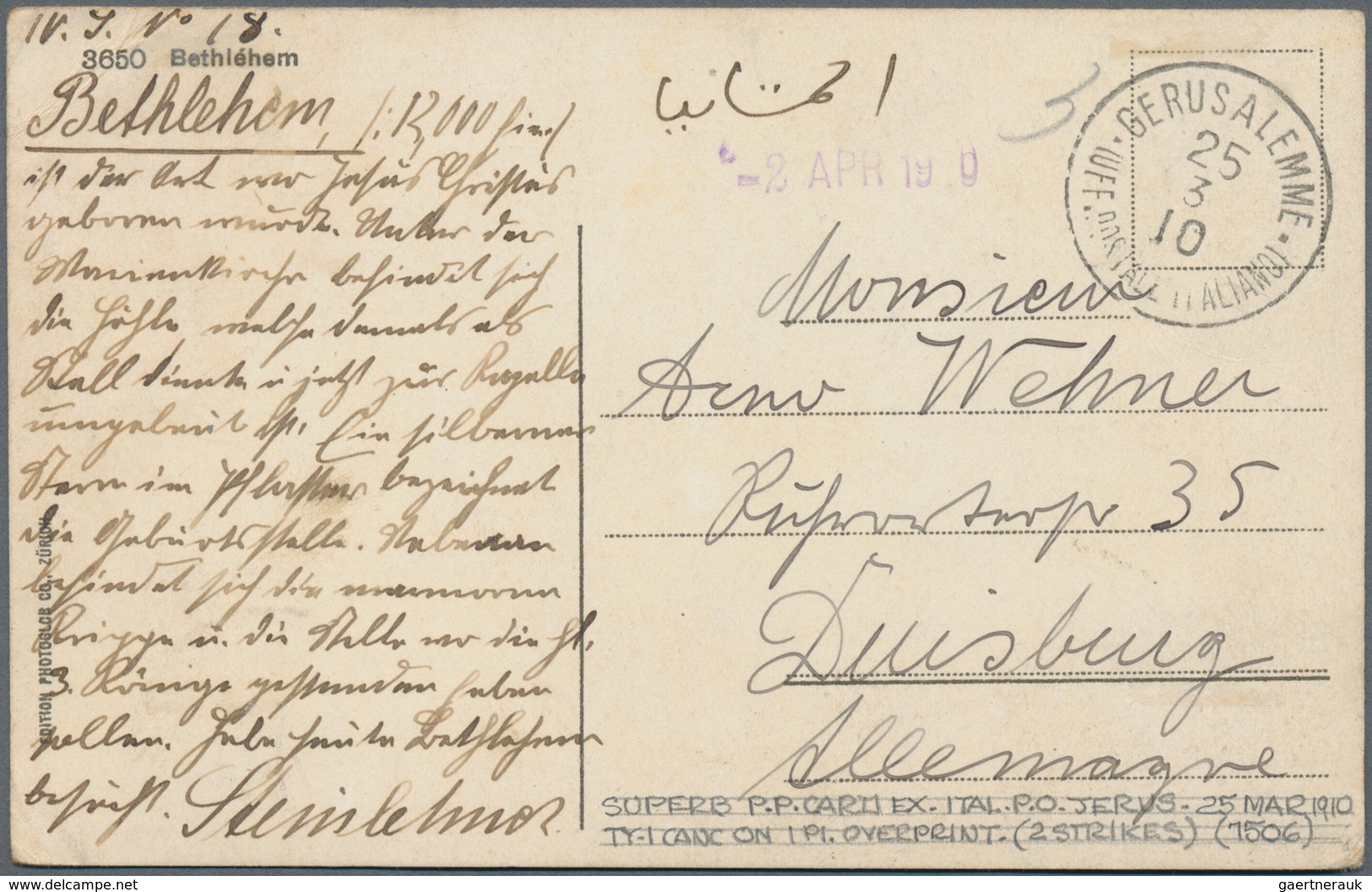 Holyland: 1910, Postcard Bearing 1 Pia. On 25 C. Blue On Front Tied By "GERUSALEMME 25/3/10 UFF. POS - Palästina