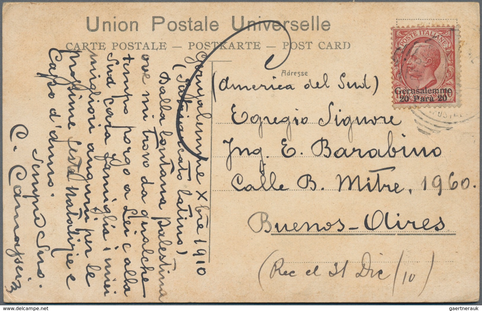 Holyland: 1910, Postcard Bearing 20 Para On 10c. Carmine Gerusalemme Issue Tied By Poor Gerusalemme - Palestine