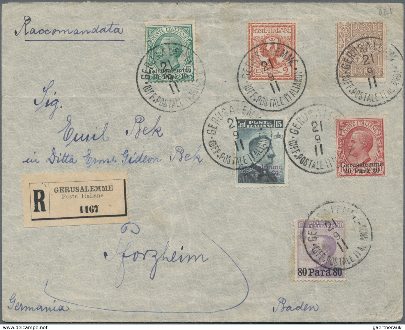 Holyland: 1911, Registered Cover Bearing Six Values Mixed Franking Jerusalem Issue And Levant Stamp - Palestine