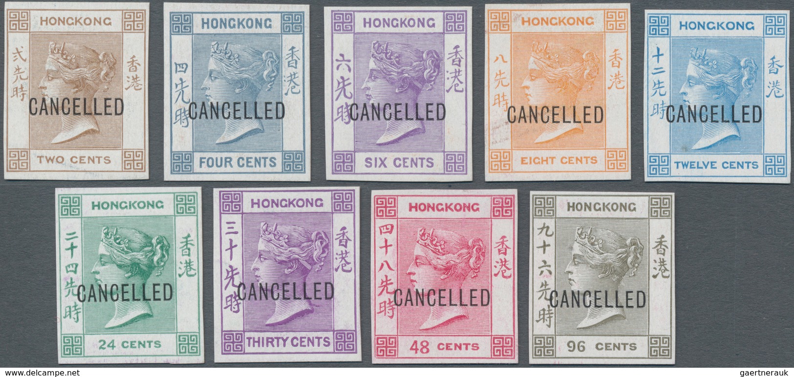 Hongkong: 1863/71, The "CANCELLED" Overprints, 2c To 12c, 24c, 30c Mauve, 48c And 96c, Set Of Nine I - Sonstige & Ohne Zuordnung