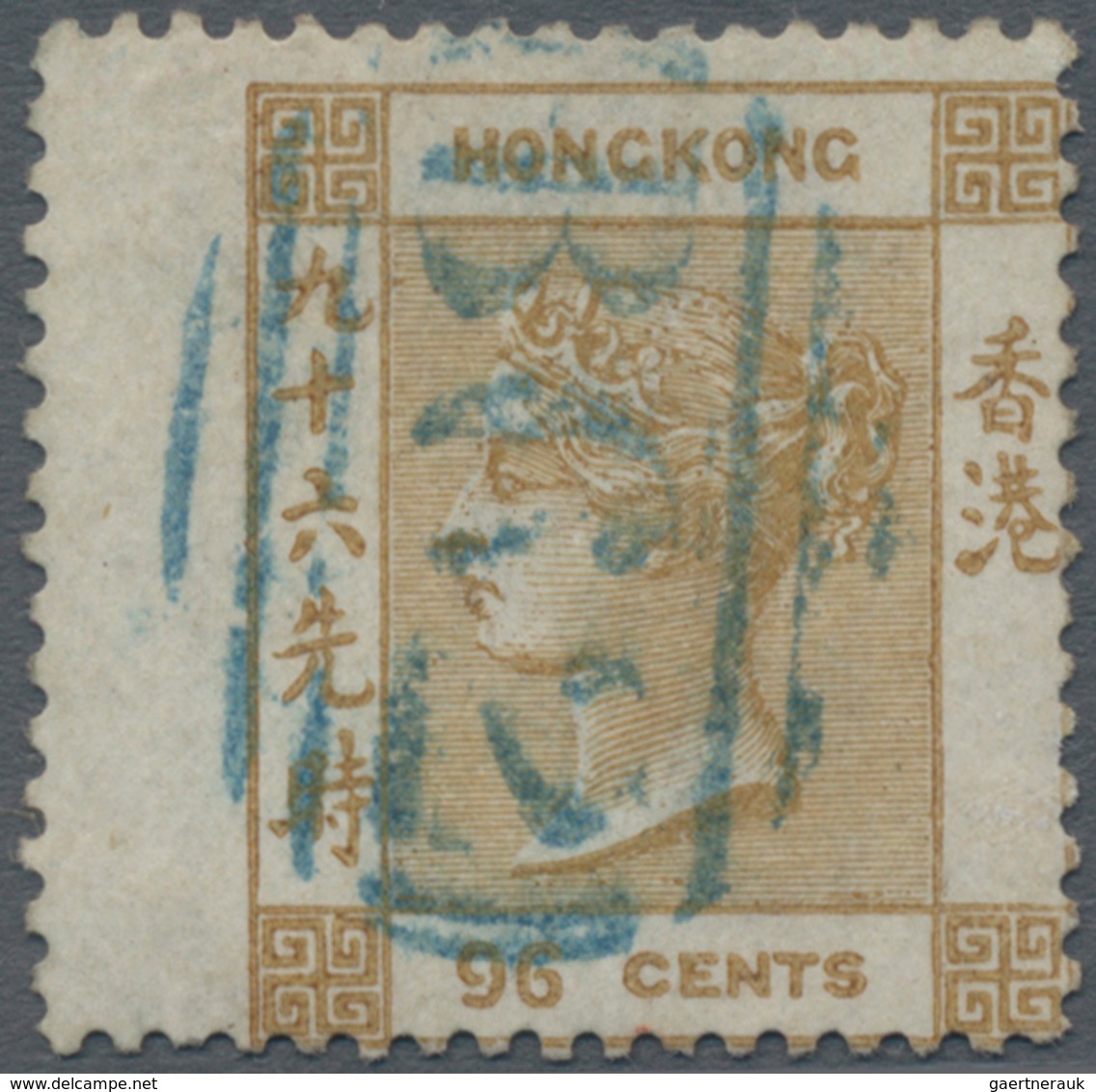 Hongkong: 1863/71, QV Wmk. Crown CC 96c Olive-bistre, Used With Neat Blue "B62" Killer, With Left Wi - Other & Unclassified