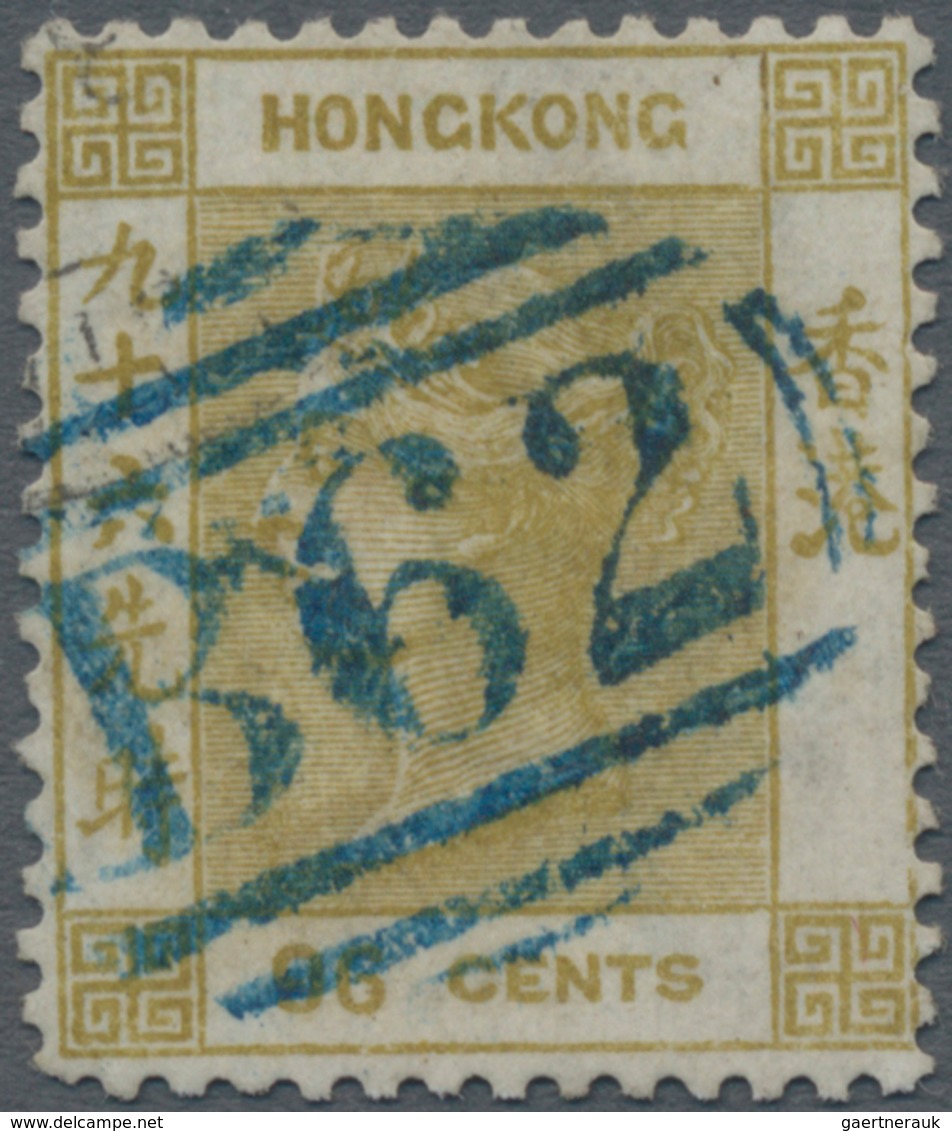 Hongkong: 1863/71, QV Wmk. CC 96c Olive-bistre Cancelled By Blue B62 Killer, One Perf. Missing On Lo - Andere & Zonder Classificatie