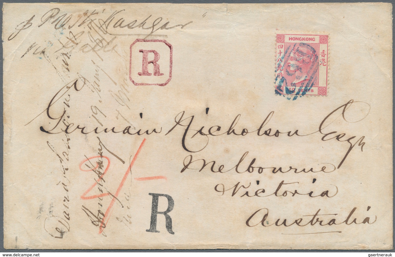 Hongkong: 1865, QV 48 C. Rose Tied Blue "B62" To Registered Cover To Melbourne/Australia, Endorsed P - Sonstige & Ohne Zuordnung