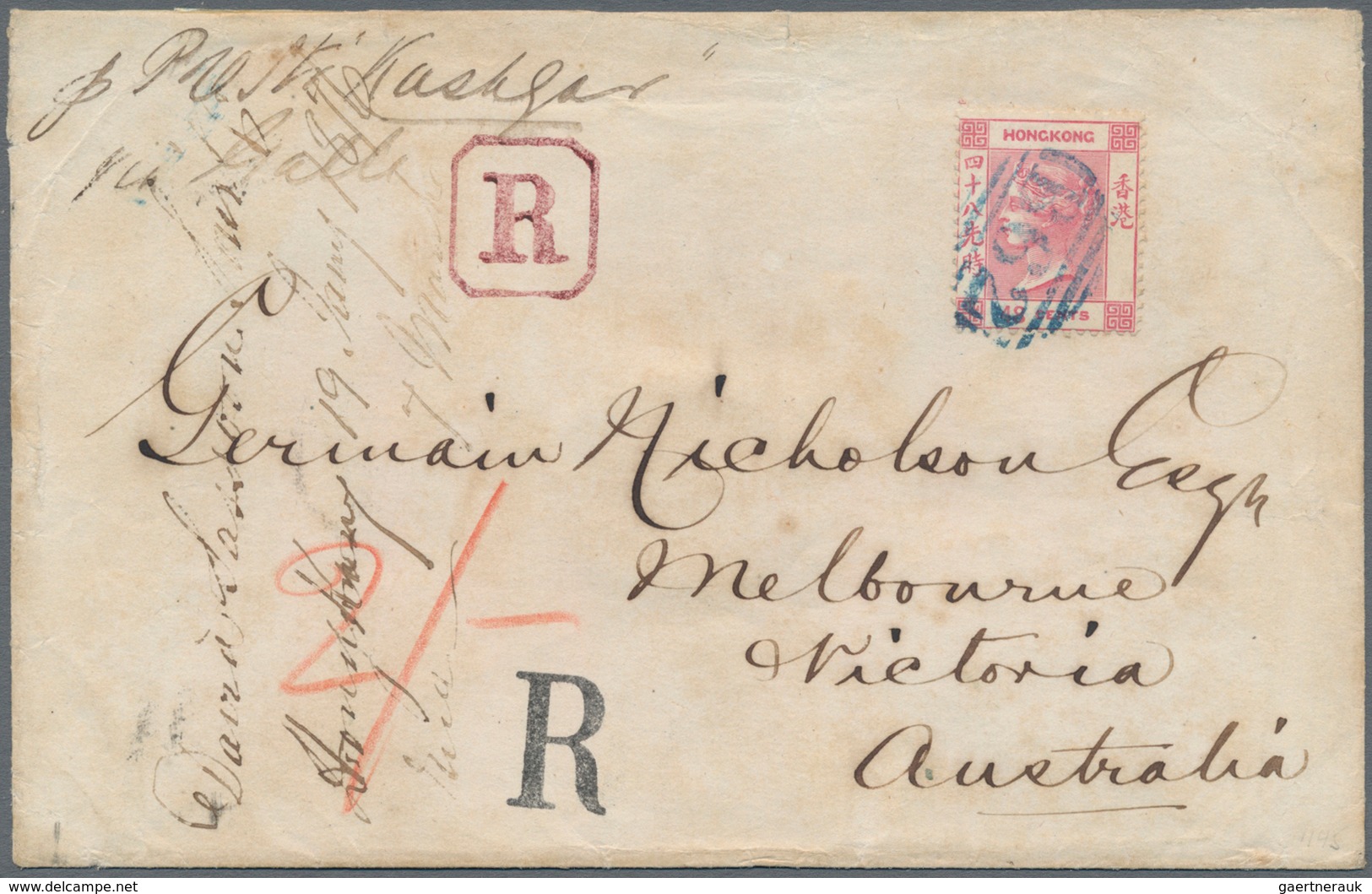 Hongkong: 1865, QV 48 C. Rose Tied Blue "B62" To Registered Cover To Melbourne/Australia, Endorsed P - Other & Unclassified