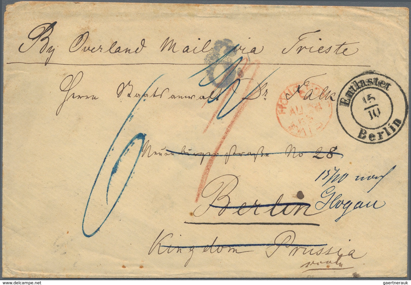 Hongkong: 1869, Vermillion "HONG KONG PAID AU 25 69" On Stampless Cover W. On Reverse Blue "HONG KON - Sonstige & Ohne Zuordnung