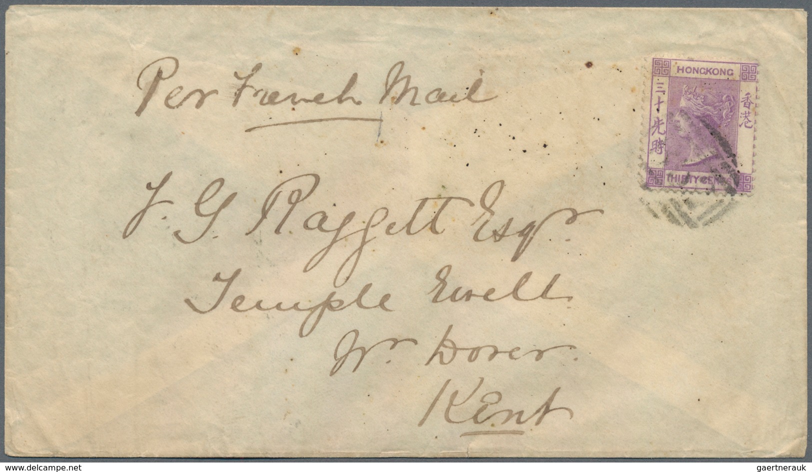 Hongkong: 1871, QV 30 C. Violet Tied "B62" To Small Cover Endorsed "Per French Mail" To Temple Ewell - Sonstige & Ohne Zuordnung