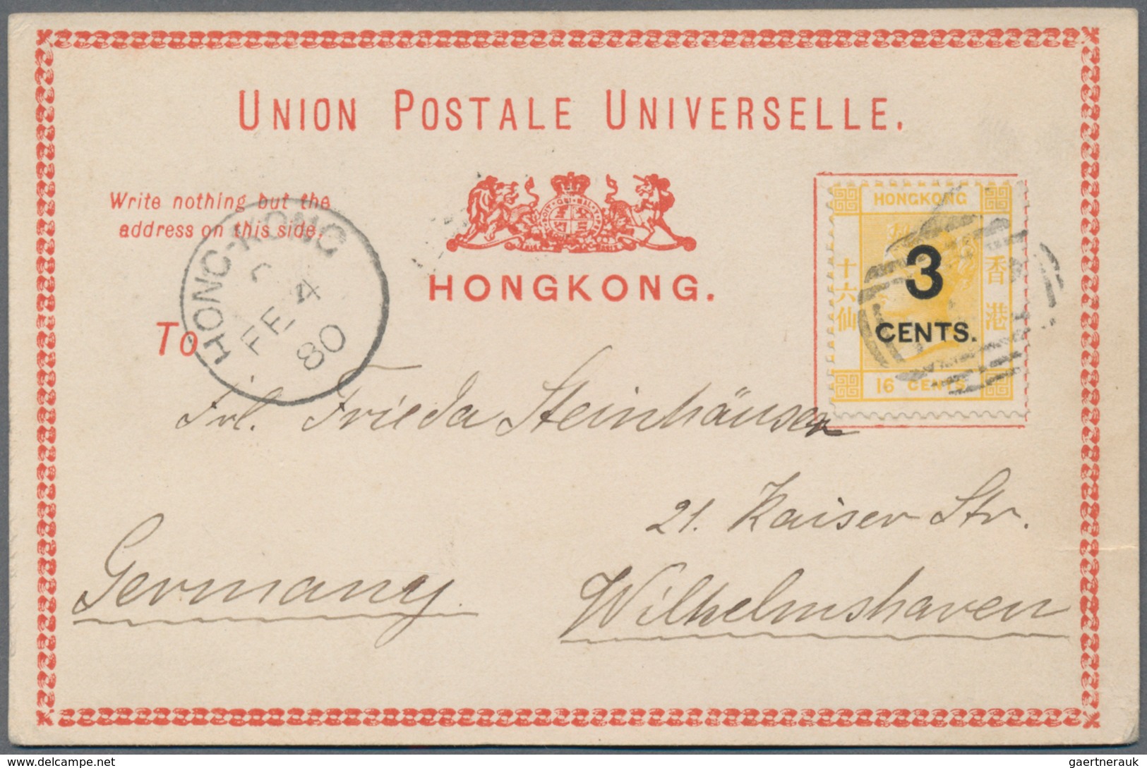 Hongkong: 1877, 3/CENTS. On 16 C. Tied Unclear "B62" To Red Postcard Form From "HONG KONG C FE 4 80" - Other & Unclassified