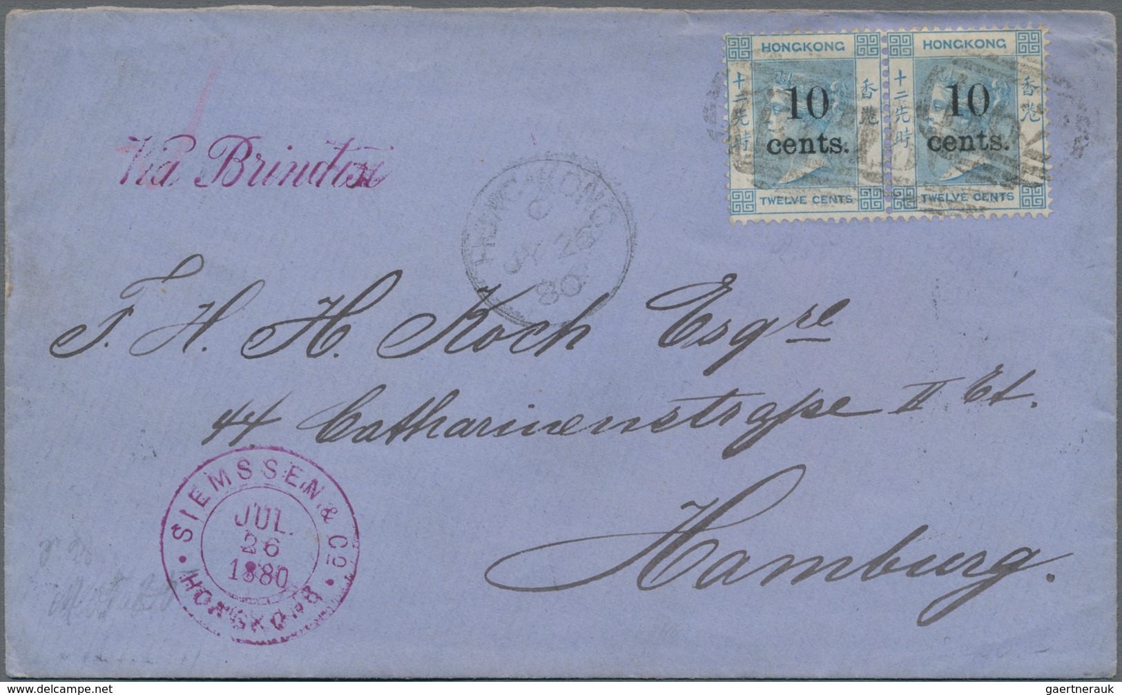 Hongkong: 1879, QV 10 Cents/12 C. Light Blue, A Horizontal Pair Tied "B62" To Cover W. "HONG KONG JY - Otros & Sin Clasificación