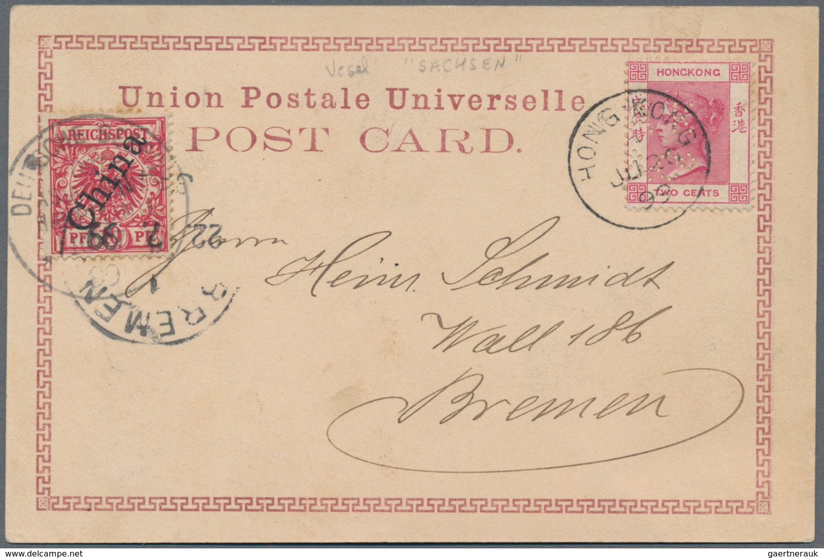 Hongkong: 1882, 2 C. Rose With Perfin "A.K.&Co." Tied "HONG.KONG JU 20 99" To Ppc "Greetings From Ho - Other & Unclassified