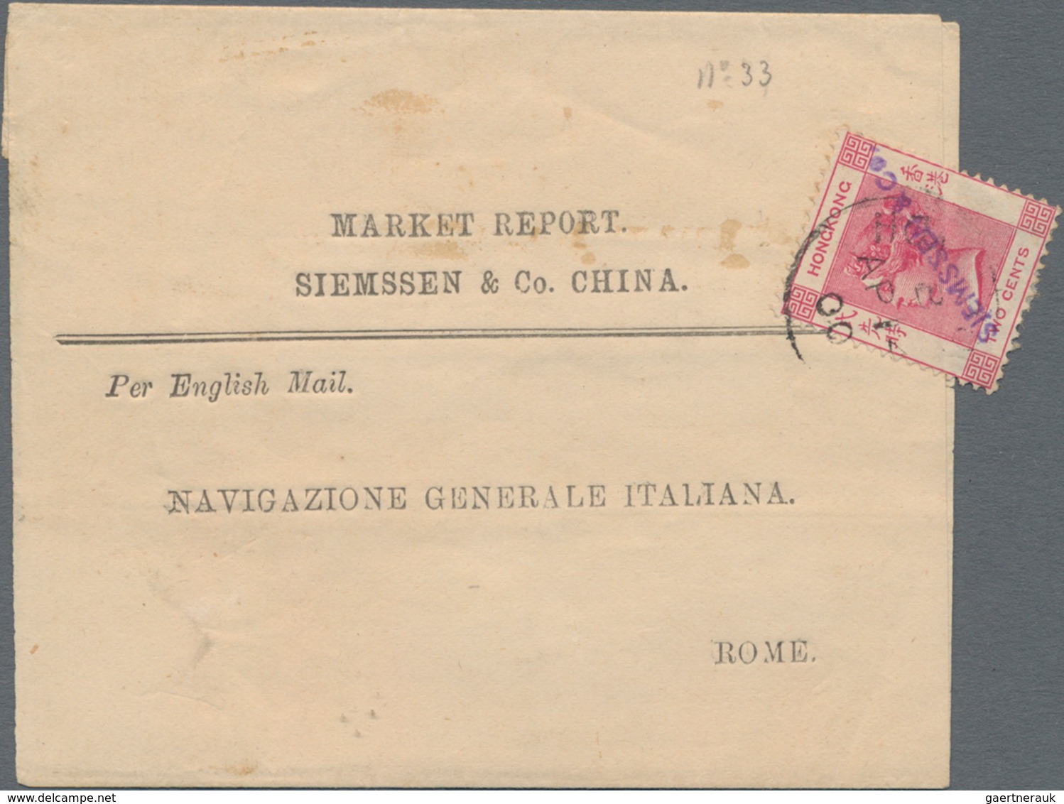 Hongkong: 1883, QV 2 C. Rosine Tied "HONG K(ONG) AP 14 00" To Market Report Wrapper Of Siemssen&Co, - Sonstige & Ohne Zuordnung