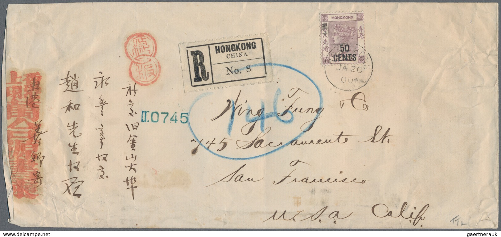 Hongkong: 1891, QV 50 C./48 C. Tied "HONG KONG B JA 20 00" To Registered Cover To San Francisco/USA, - Sonstige & Ohne Zuordnung