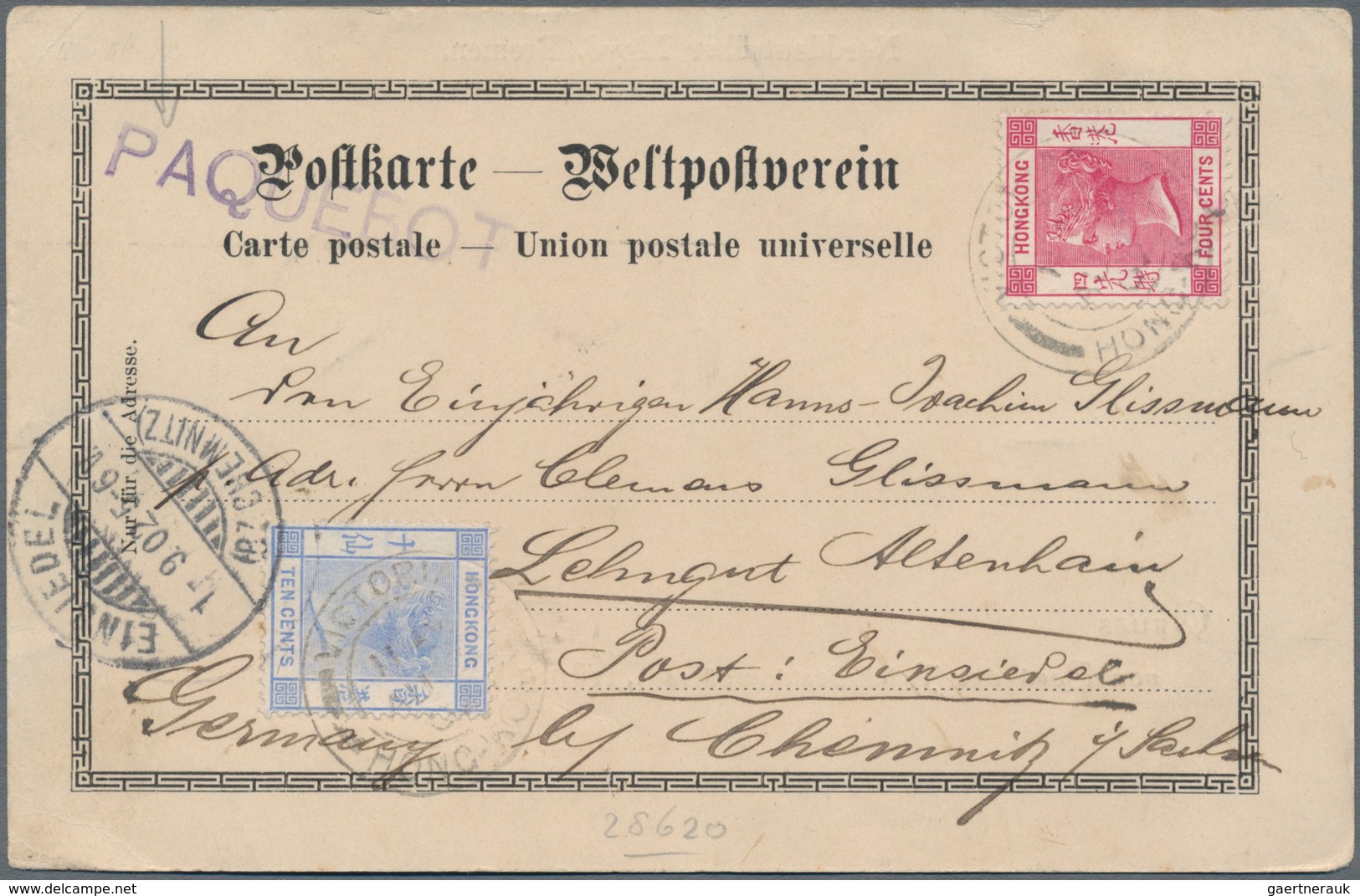 Hongkong: 1900, QV 4 C. Deep Rose, 10 C. Ultra Tied "VICTORIA HONG KONG AU .. 02" To Ppc (NGL German - Sonstige & Ohne Zuordnung