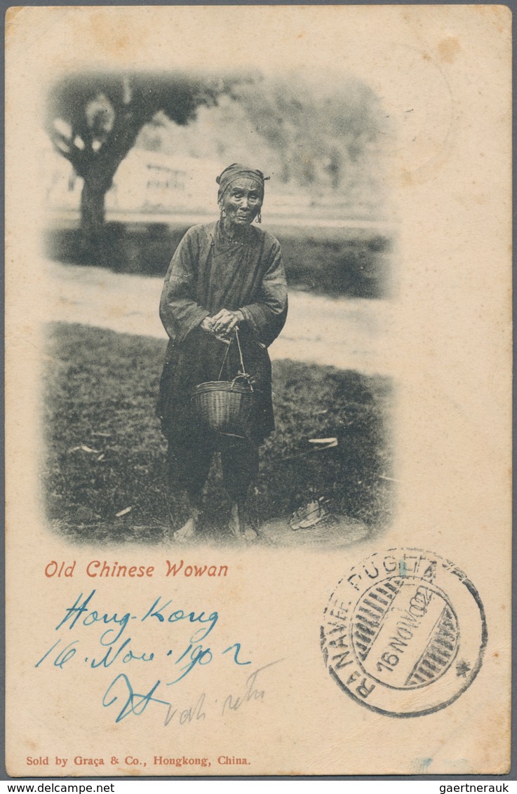 Hongkong: 1900/04, five ppc to Europe (4) or to China (1): QV 2 C. green (3) singles, one w. addtl.