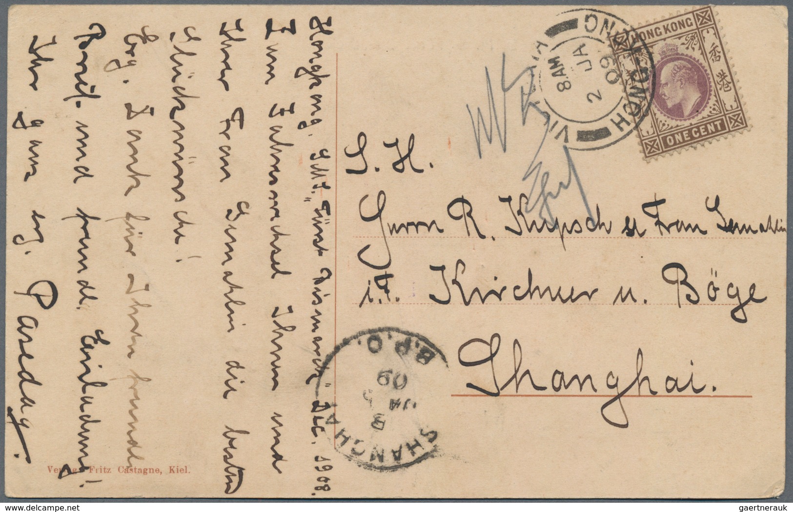 Hongkong: 1900/04, five ppc to Europe (4) or to China (1): QV 2 C. green (3) singles, one w. addtl.